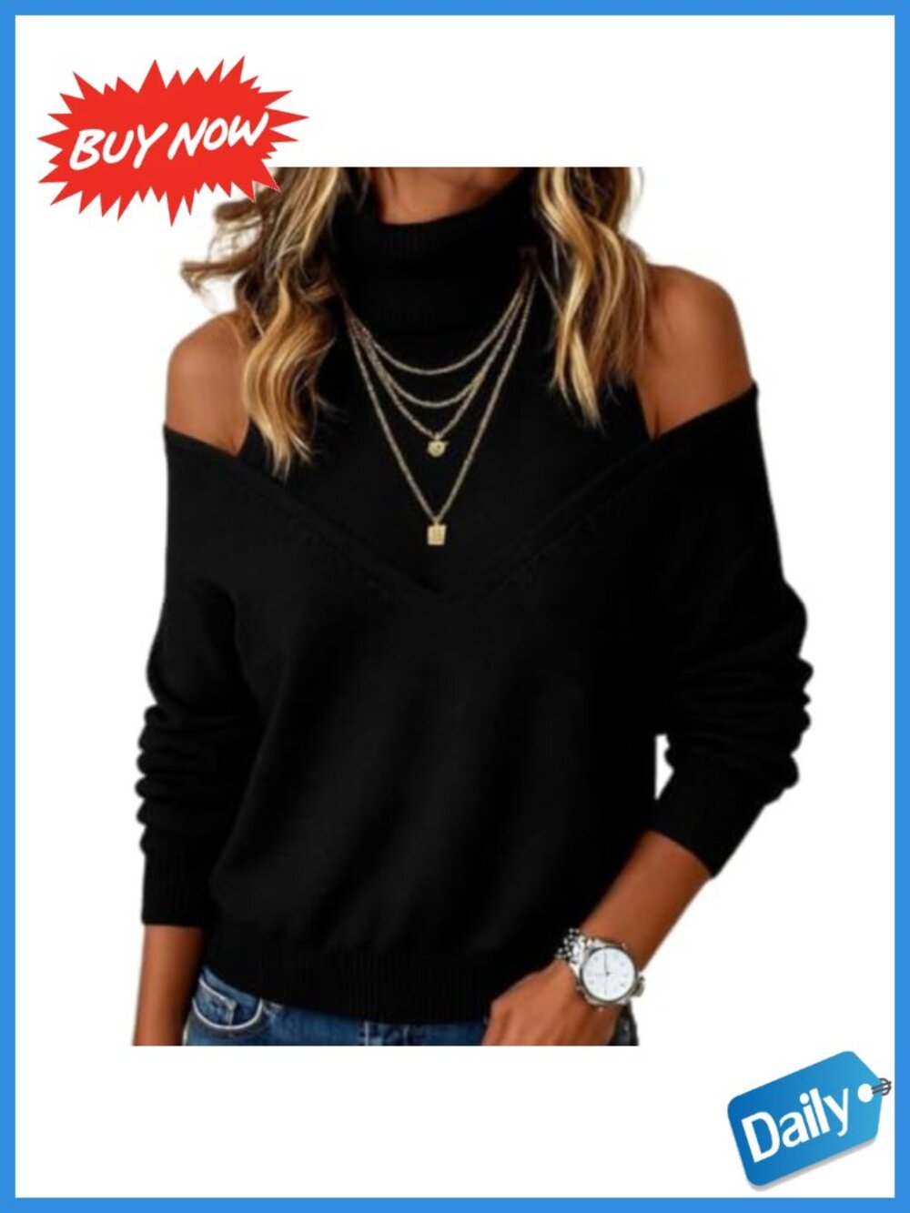Cold Shoulder Turtleneck Knit Pullover Sweater Long Sleeve